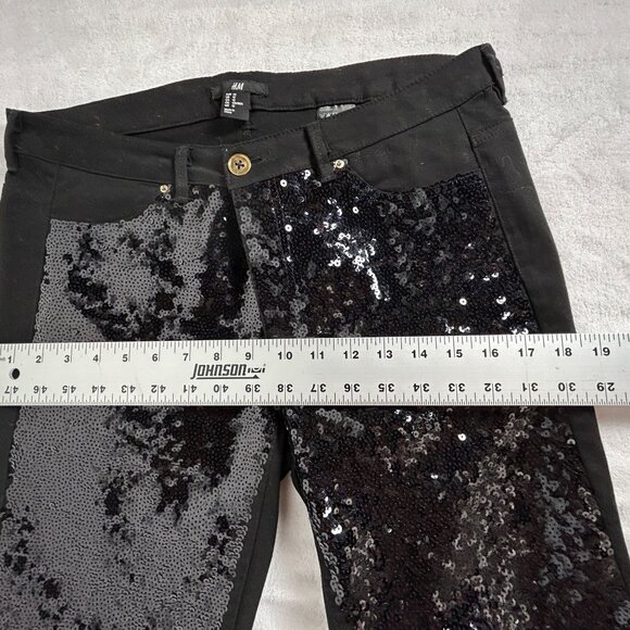 H&M Women's Black Sequined Skinny Pants Size 12 Mid-Rise Stretch Pockets Lined - Picture 5 of 8